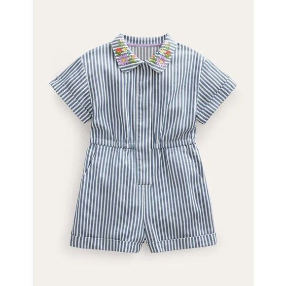 Boden Other - Boden girls size 13/14Y floral embroidered romper Blue ticking stripe summer Sol